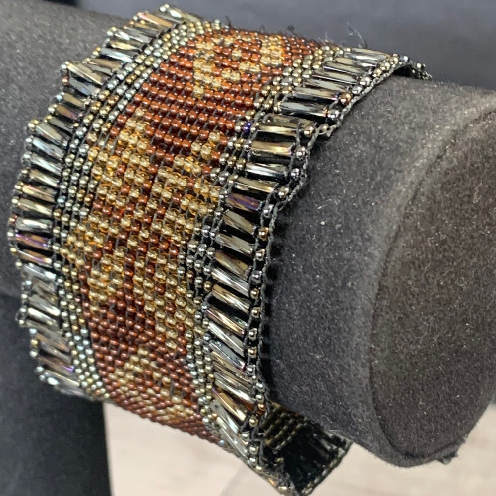 Handmade Beaded Cuff Bracelet Bronze Gold Iridescent Bugle Seed Bead Boho 7in